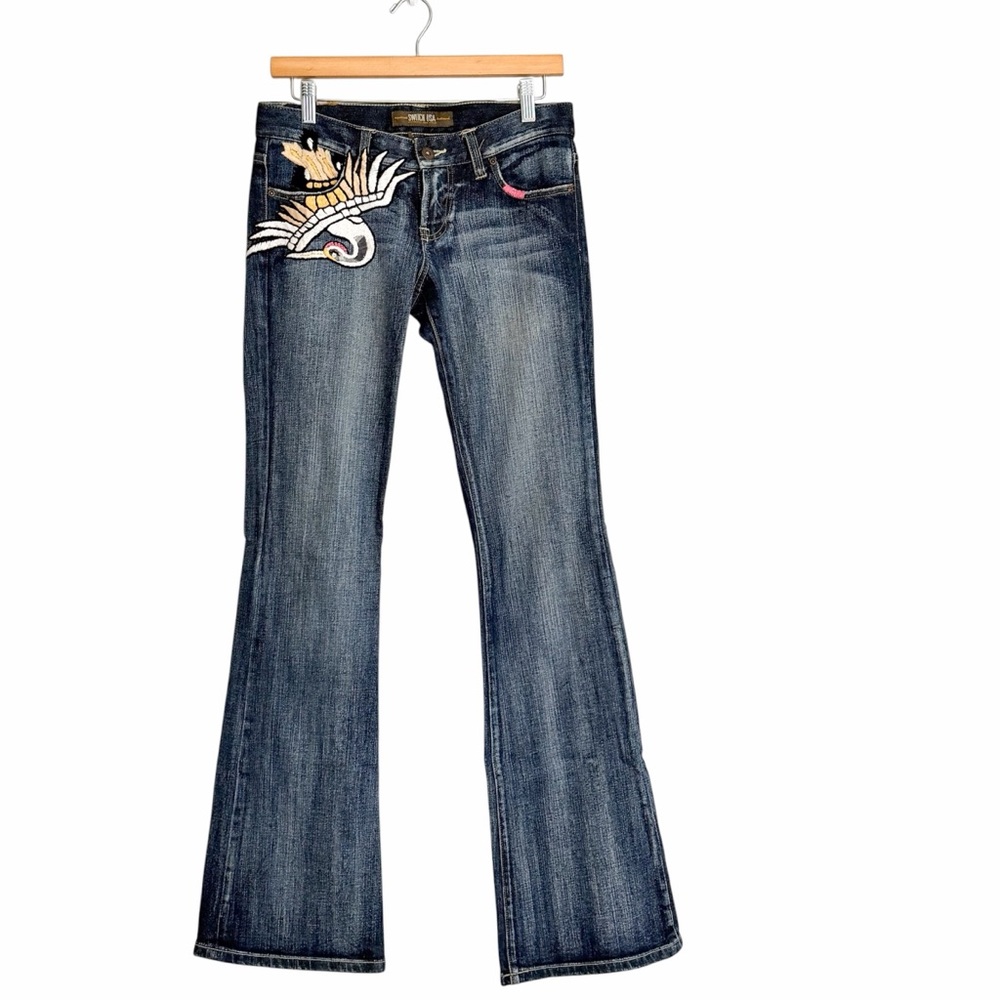 Switch USA Flare Jeans Low Rise Crane Embroidery Y2K Size 27